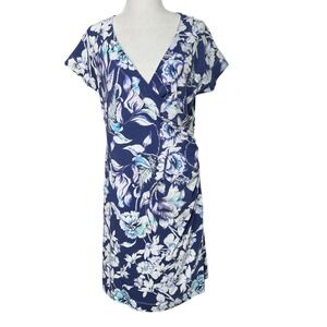 SOFT SURROUNDINGS Womens L Blue White Floral Faux Wrap Shapely Anywhere Dress